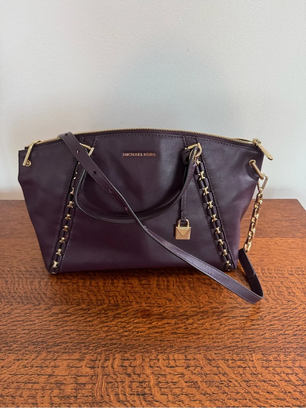 NWOT Michael Kors Sadie Plum Leather Satchel with Gold Hardware